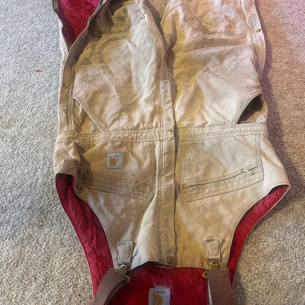 Khaki distressed Carhartt Overalls with Red Lining - Picture 2 of 9